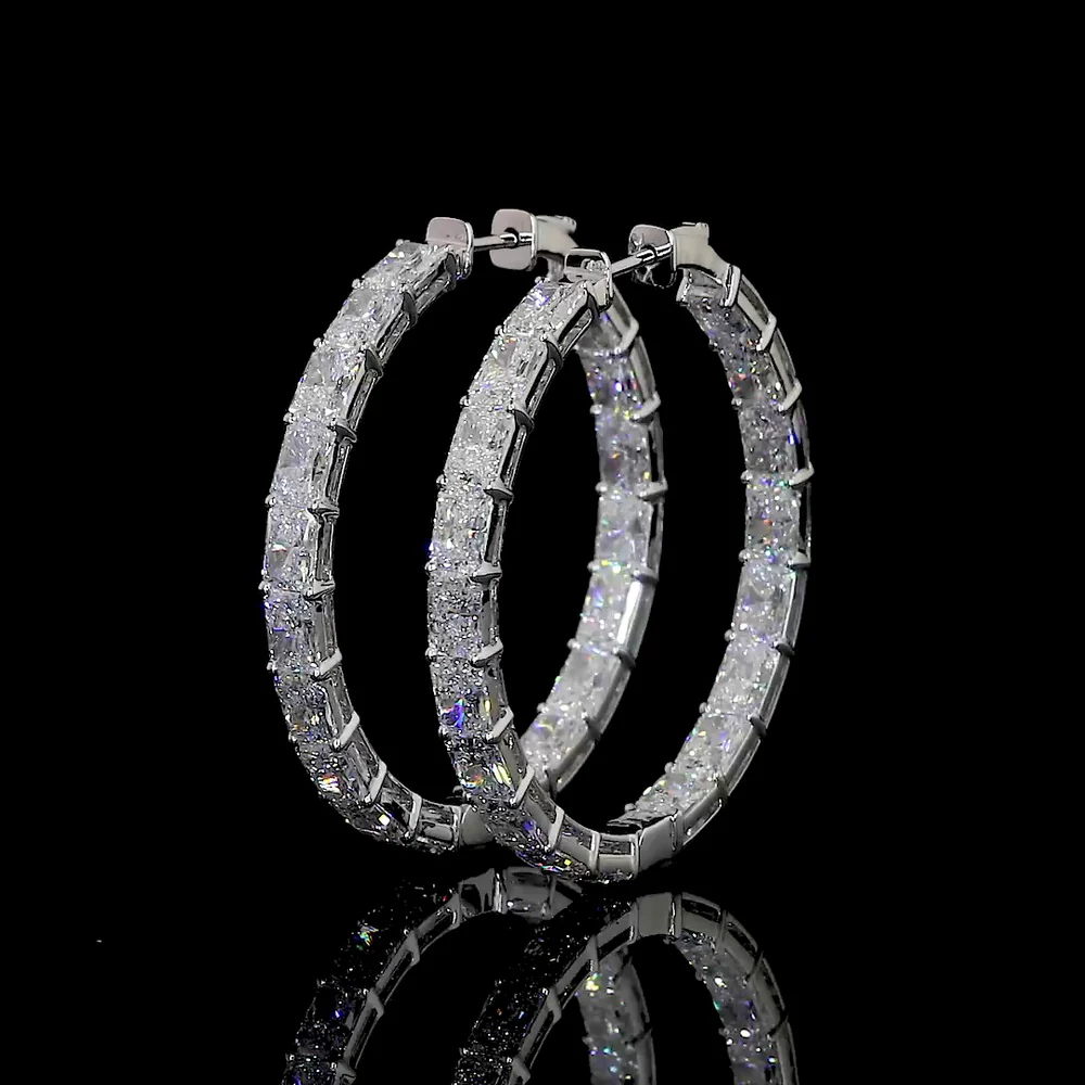 14K White Gold East-West Large Hoop Earrings with Prong Set Radiant Cut Lab Diamonds - 12.29 Carat Total Weight - Covaloro Fine Jewelry