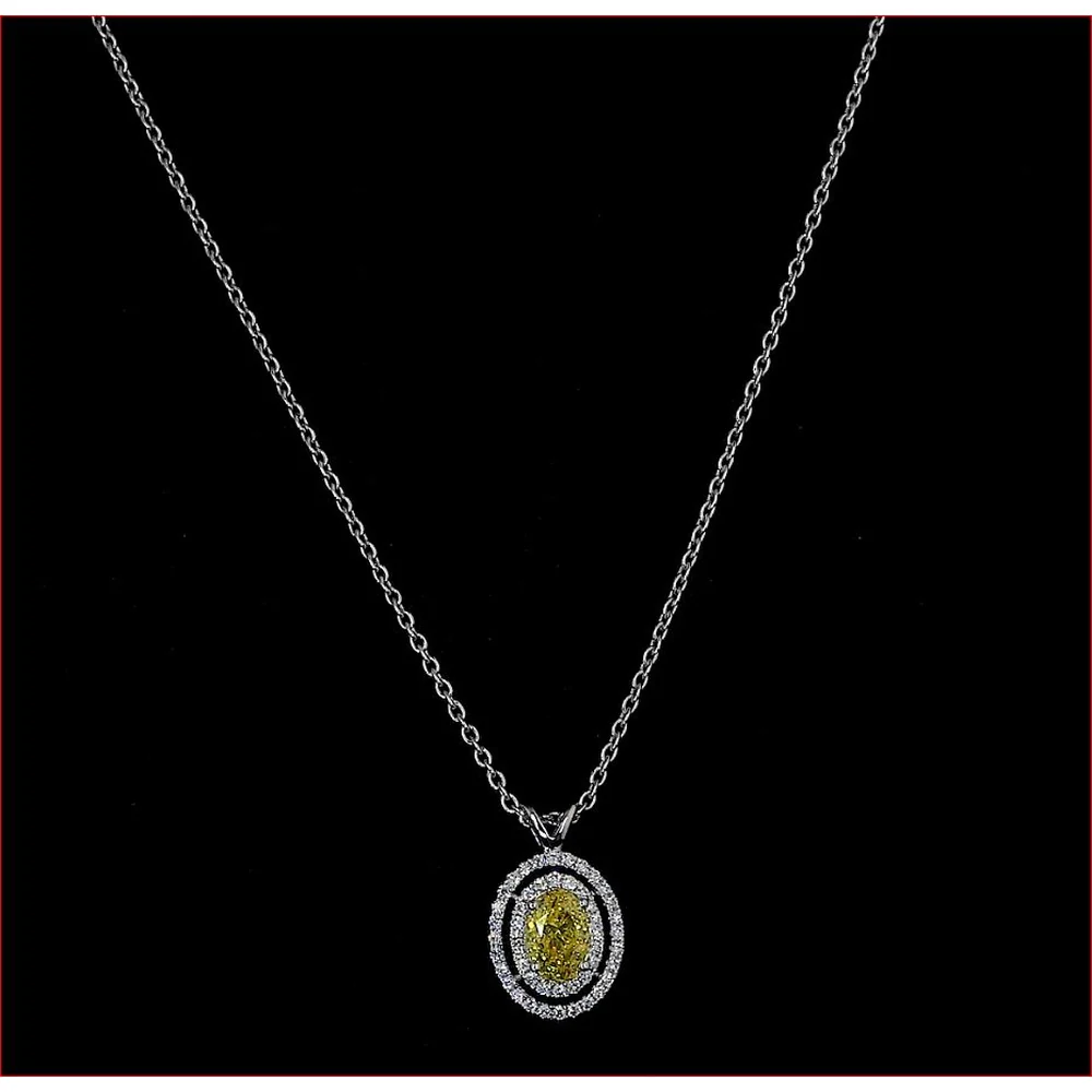 14K White Gold East-West Oval Fancy Yellow Lab Diamond Double Halo Pendant - 0.68 Carat Total Diamond Weight - Covaloro Fine Jewelry