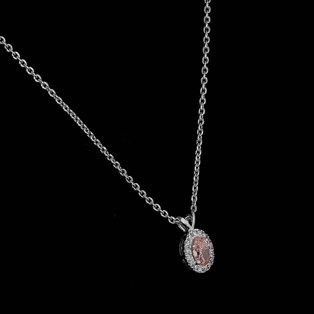 14K White Gold East-West Oval Halo Pendant with 0.35 Carat Fancy Orangy Pink Lab Diamond and 0.09 Carat White Diamond Accents - IGI Certified - Covaloro Fine Jewelry