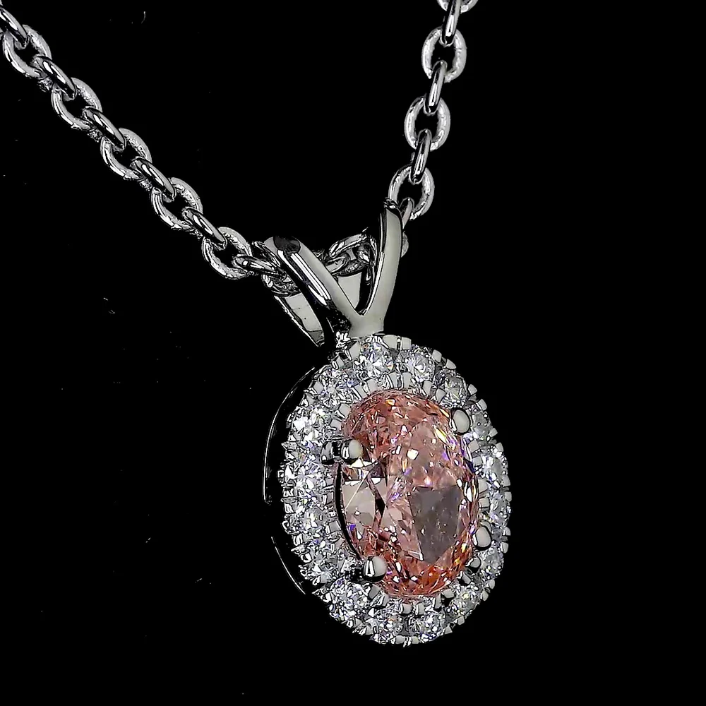14K White Gold East-West Oval Halo Pendant with 0.35 Carat Fancy Orangy Pink Lab Diamond and 0.09 Carat White Diamond Accents - IGI Certified - Covaloro Fine Jewelry - Image 2