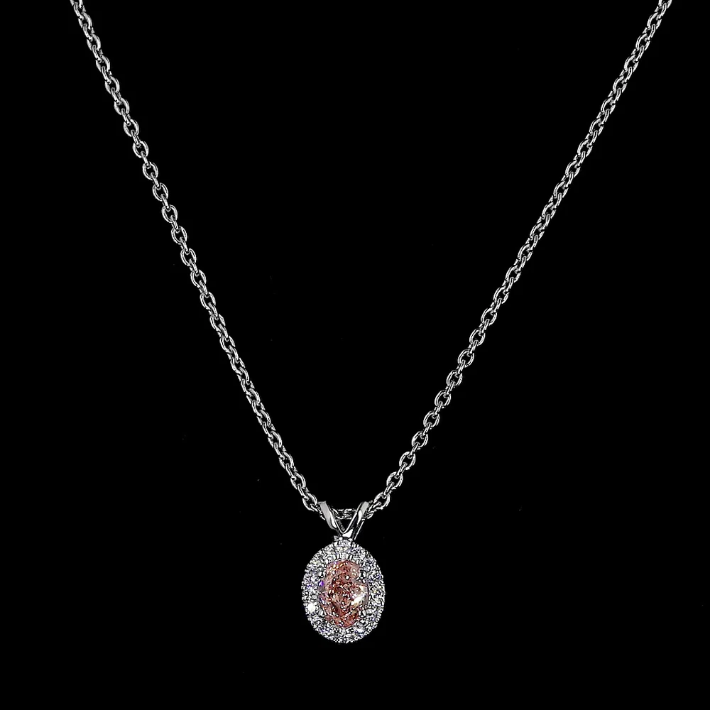 14K White Gold East-West Oval Halo Pendant with 0.35 Carat Fancy Orangy Pink Lab Diamond and 0.09 Carat White Diamond Accents - IGI Certified - Covaloro Fine Jewelry - Image 3