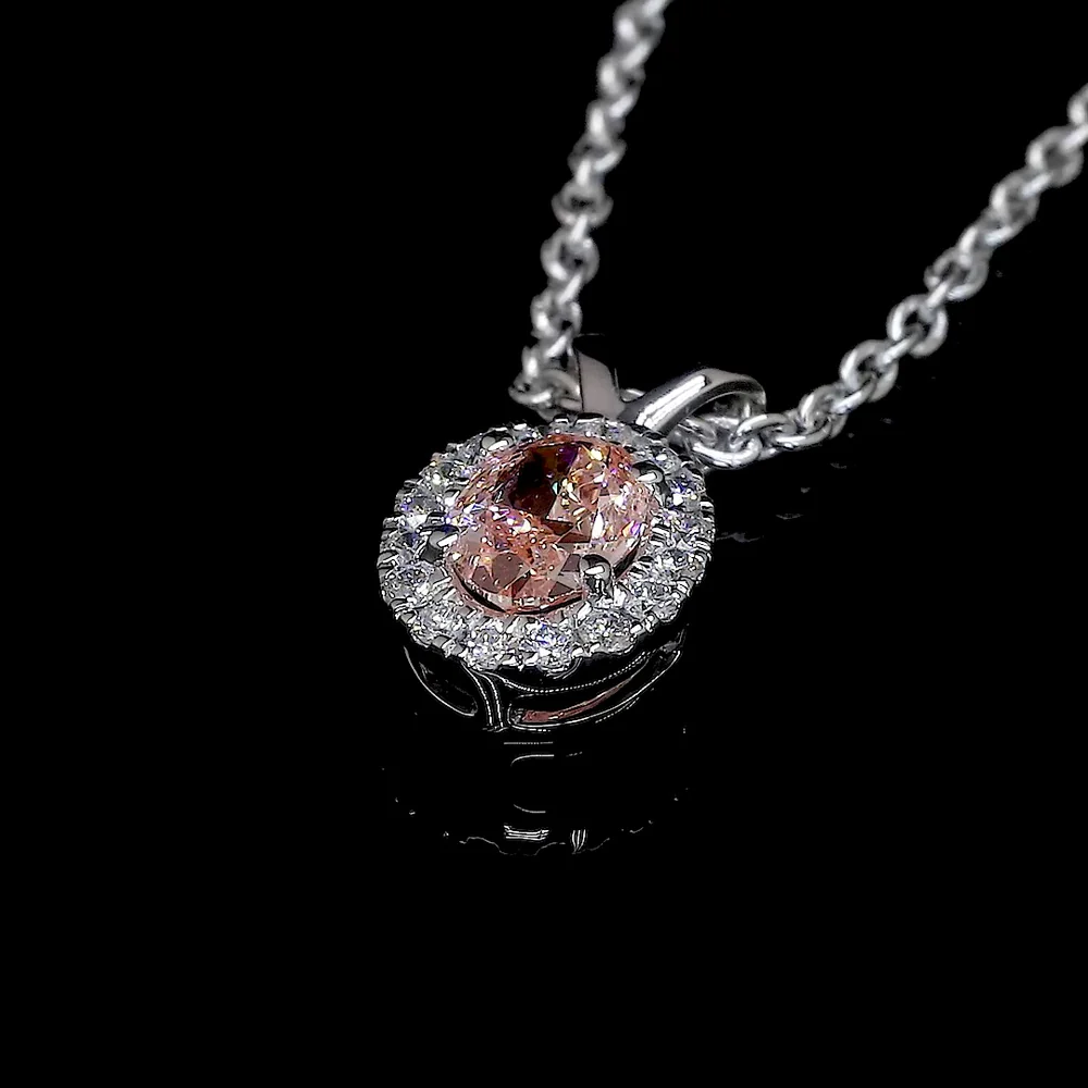 14K White Gold East-West Oval Halo Pendant with 0.35 Carat Fancy Orangy Pink Lab Diamond and 0.09 Carat White Diamond Accents - IGI Certified - Covaloro Fine Jewelry - Image 4