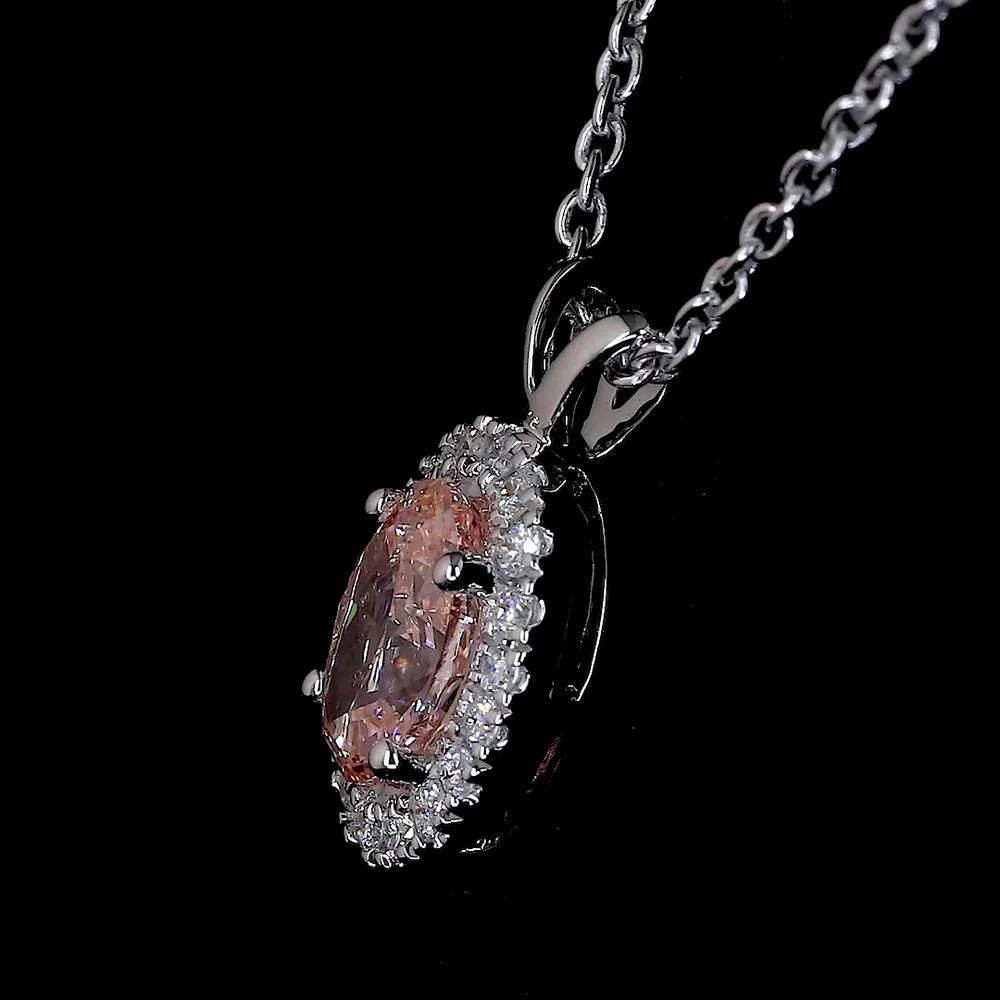 14K White Gold East-West Oval Halo Pendant with Fancy Orangy Pink Lab Diamond and White Diamond Accents - 0.81 Carats Total Diamond Weight - Covaloro Fine Jewelry - Image 2