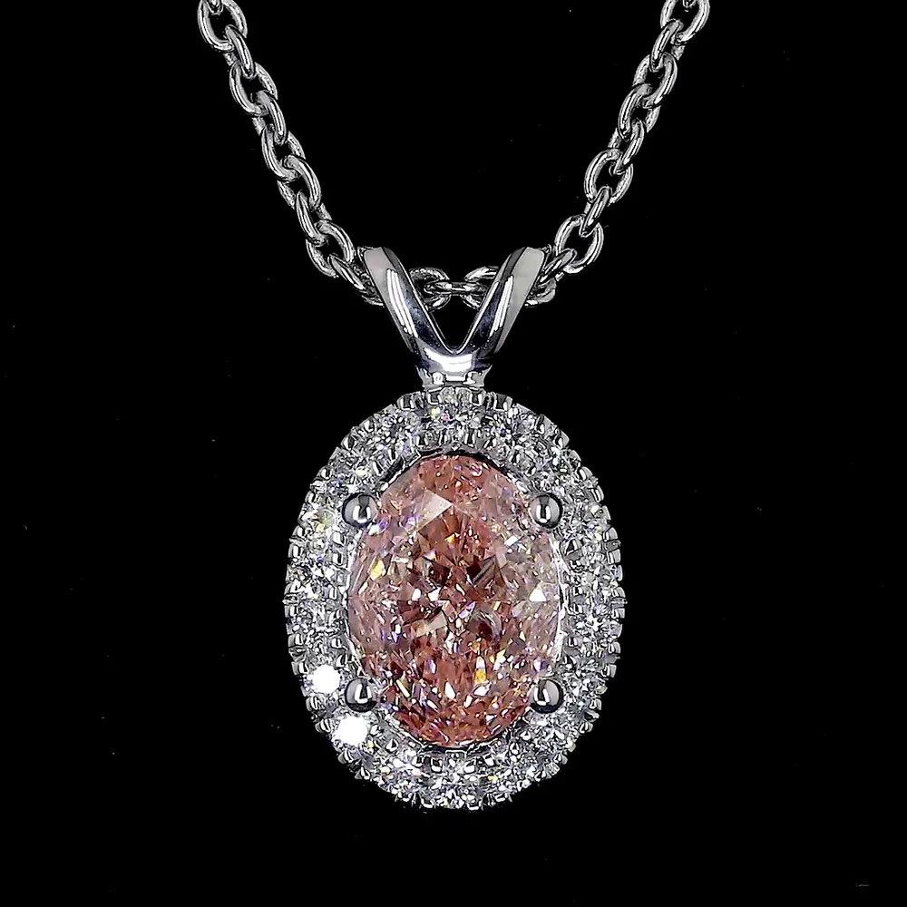 14K White Gold East-West Oval Halo Pendant with Fancy Orangy Pink Lab Diamond and White Diamond Accents - 0.81 Carats Total Diamond Weight - Covaloro Fine Jewelry - Image 3