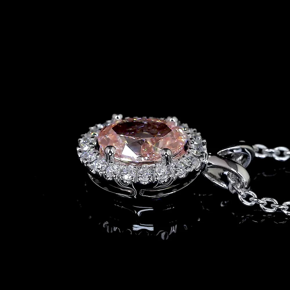 14K White Gold East-West Oval Halo Pendant with Fancy Orangy Pink Lab Diamond and White Diamond Accents - 0.81 Carats Total Diamond Weight - Covaloro Fine Jewelry - Image 4