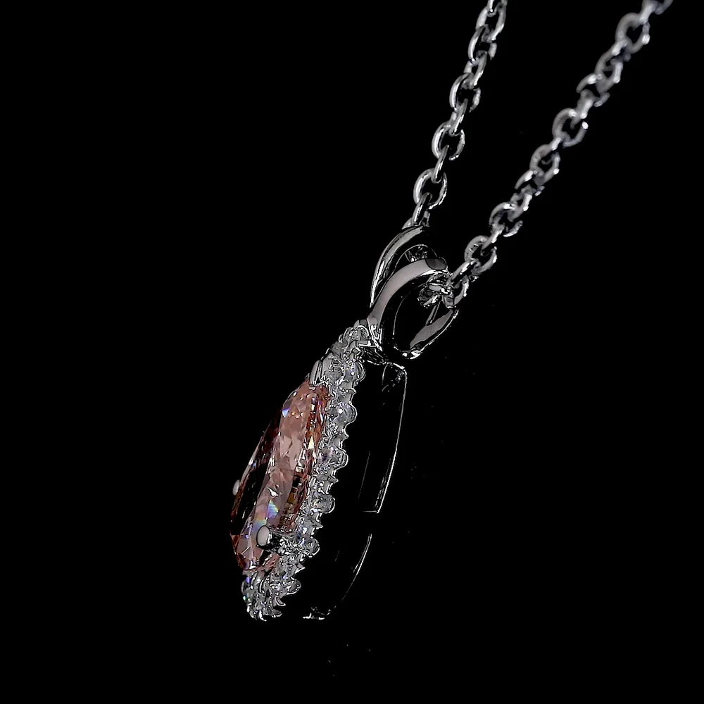 14K White Gold East-West Pear Halo Pendant with 0.51 Carat Fancy Orangy Pink Lab Diamond and 0.11 Carat Round Diamond Accents - 0.62 Carat Total Diamond Weight - Covaloro Fine Jewelry - Image 2