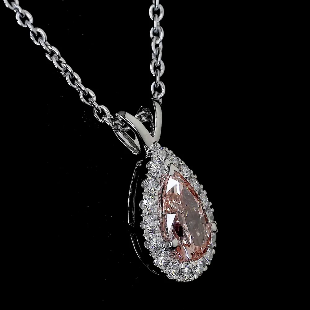 14K White Gold East-West Pear Halo Pendant with 0.51 Carat Fancy Orangy Pink Lab Diamond and 0.11 Carat Round Diamond Accents - 0.62 Carat Total Diamond Weight - Covaloro Fine Jewelry - Image 3