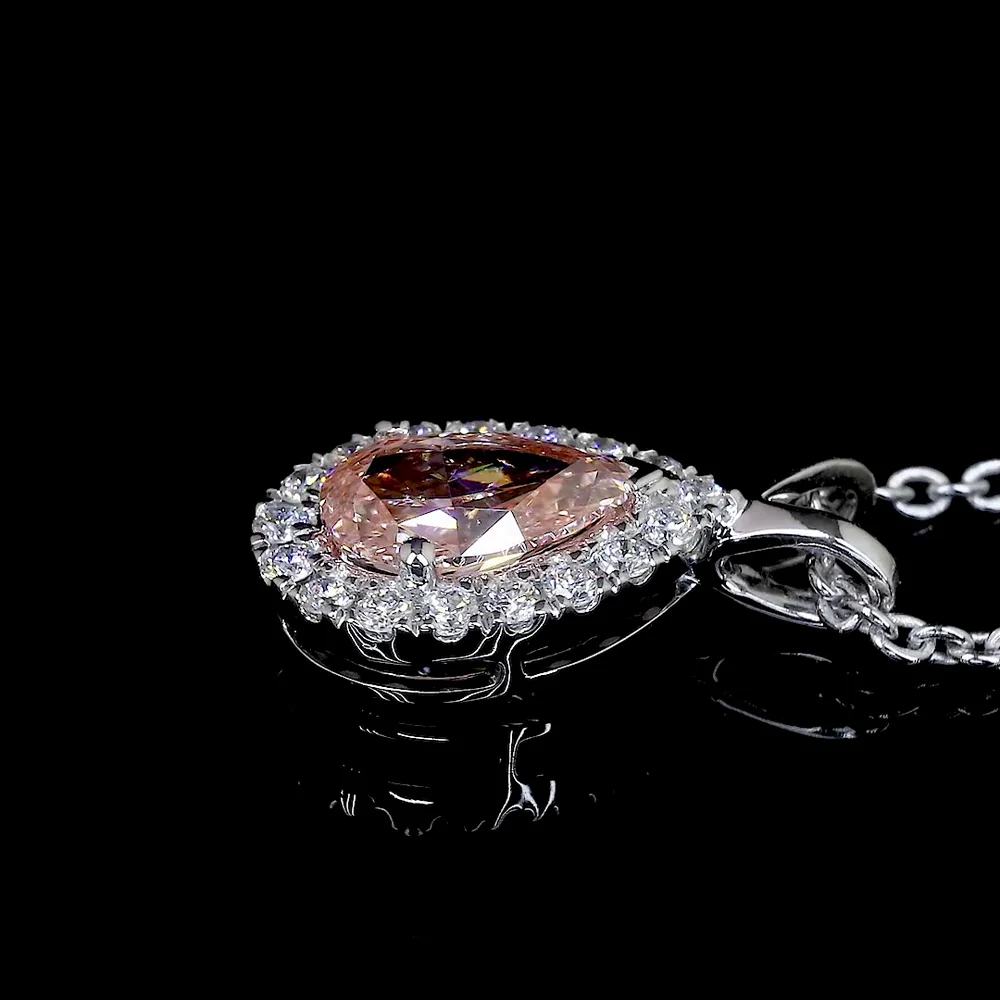 14K White Gold East-West Pear Halo Pendant with 0.51 Carat Fancy Orangy Pink Lab Diamond and 0.11 Carat Round Diamond Accents - 0.62 Carat Total Diamond Weight - Covaloro Fine Jewelry - Image 4