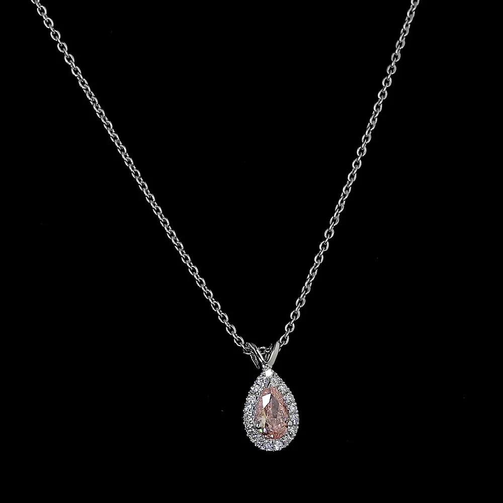 14K White Gold East-West Pear Shape Halo Pendant with Fancy Intense Orangy Pink Lab Diamond and White Diamond Accents - 0.57 Carat Total Diamond Weight - Covaloro Fine Jewelry