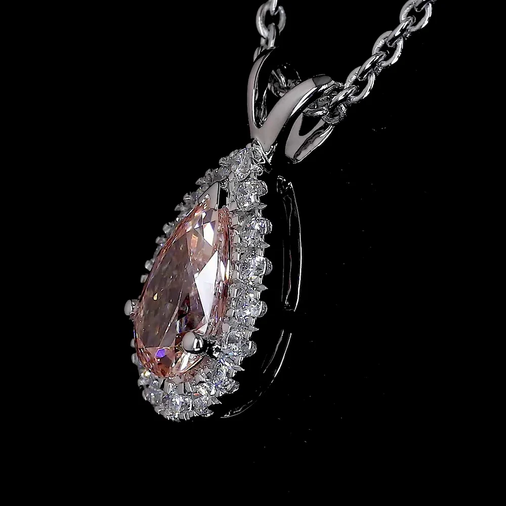 14K White Gold East-West Pear Shape Halo Pendant with Fancy Intense Orangy Pink Lab Diamond and White Diamond Accents - 0.57 Carat Total Diamond Weight - Covaloro Fine Jewelry - Image 2