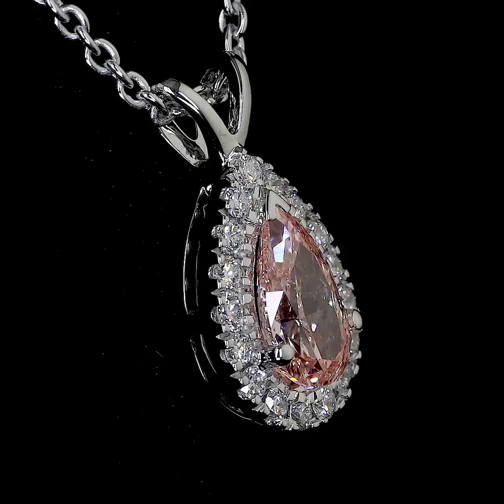 14K White Gold East-West Pear Shape Halo Pendant with Fancy Intense Orangy Pink Lab Diamond and White Diamond Accents - 0.57 Carat Total Diamond Weight - Covaloro Fine Jewelry - Image 3
