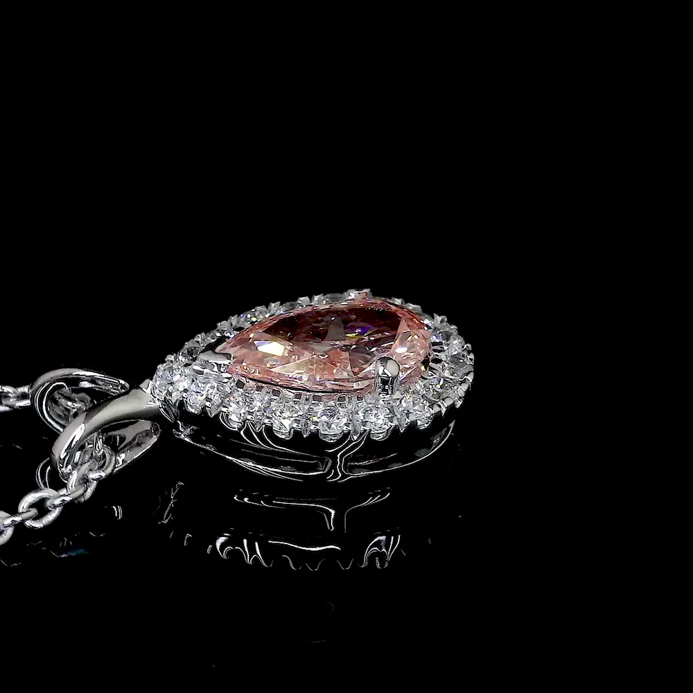 14K White Gold East-West Pear Shape Halo Pendant with Fancy Intense Orangy Pink Lab Diamond and White Diamond Accents - 0.57 Carat Total Diamond Weight - Covaloro Fine Jewelry - Image 4