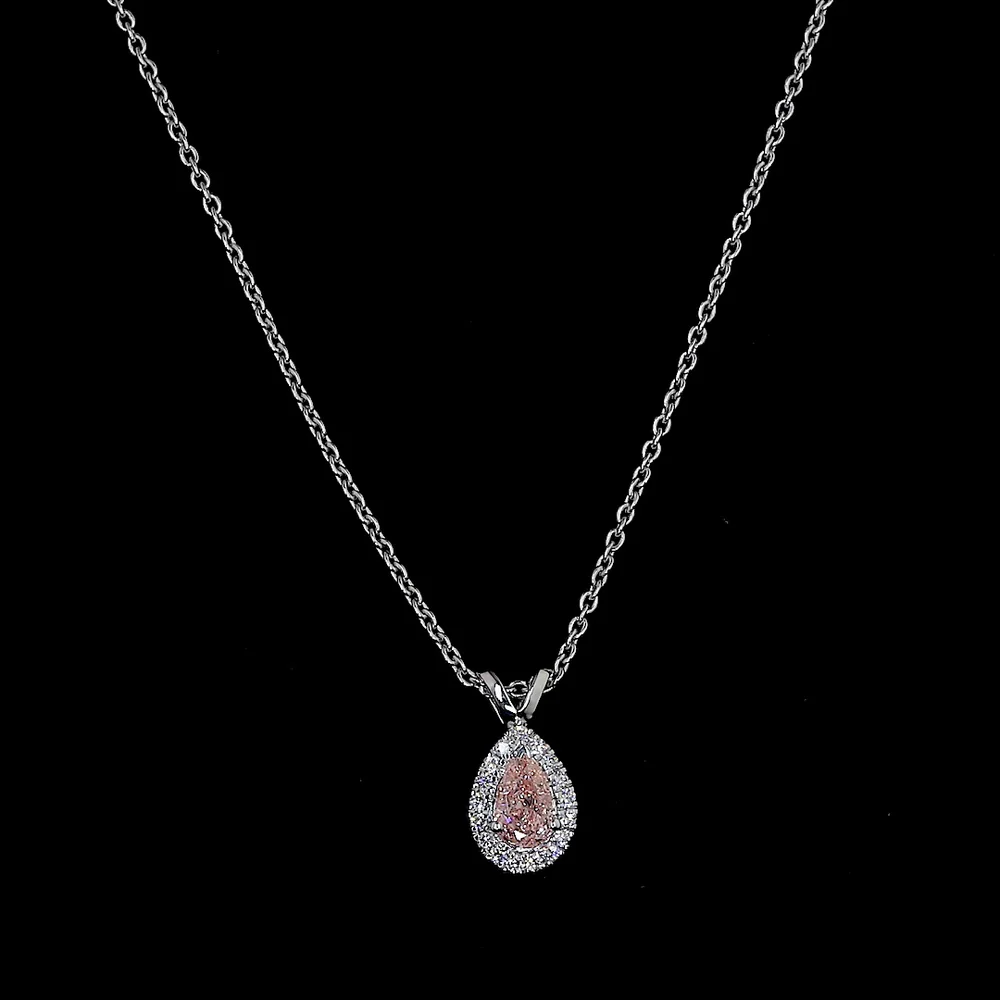 14K White Gold East-West Pear Shape Halo Pendant with Fancy Orangy Pink Lab Diamond and 0.44 Carat Total Diamond Weight - Covaloro Fine Jewelry