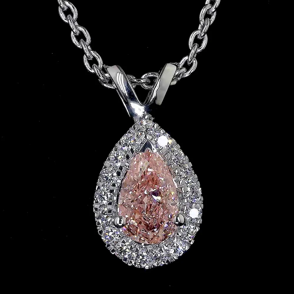 14K White Gold East-West Pear Shape Halo Pendant with Fancy Orangy Pink Lab Diamond and 0.44 Carat Total Diamond Weight - Covaloro Fine Jewelry - Image 3