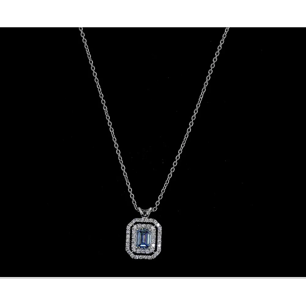 14K White Gold East-West Pendant with 0.74 Carat Fancy Vivid Blue Emerald Cut Lab Diamond and Double Halo of 0.28 Carat White Lab Diamonds - IGI Certified - 1.02 Total Carat Weight - Covaloro Fine Jewelry