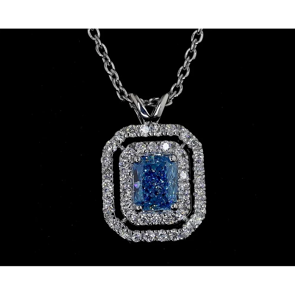 14K White Gold East-West Radiant Cut Double Halo Pendant with Fancy Vivid Blue Lab Diamond - 0.72 Total Carat Weight - Covaloro Fine Jewelry - Image 2