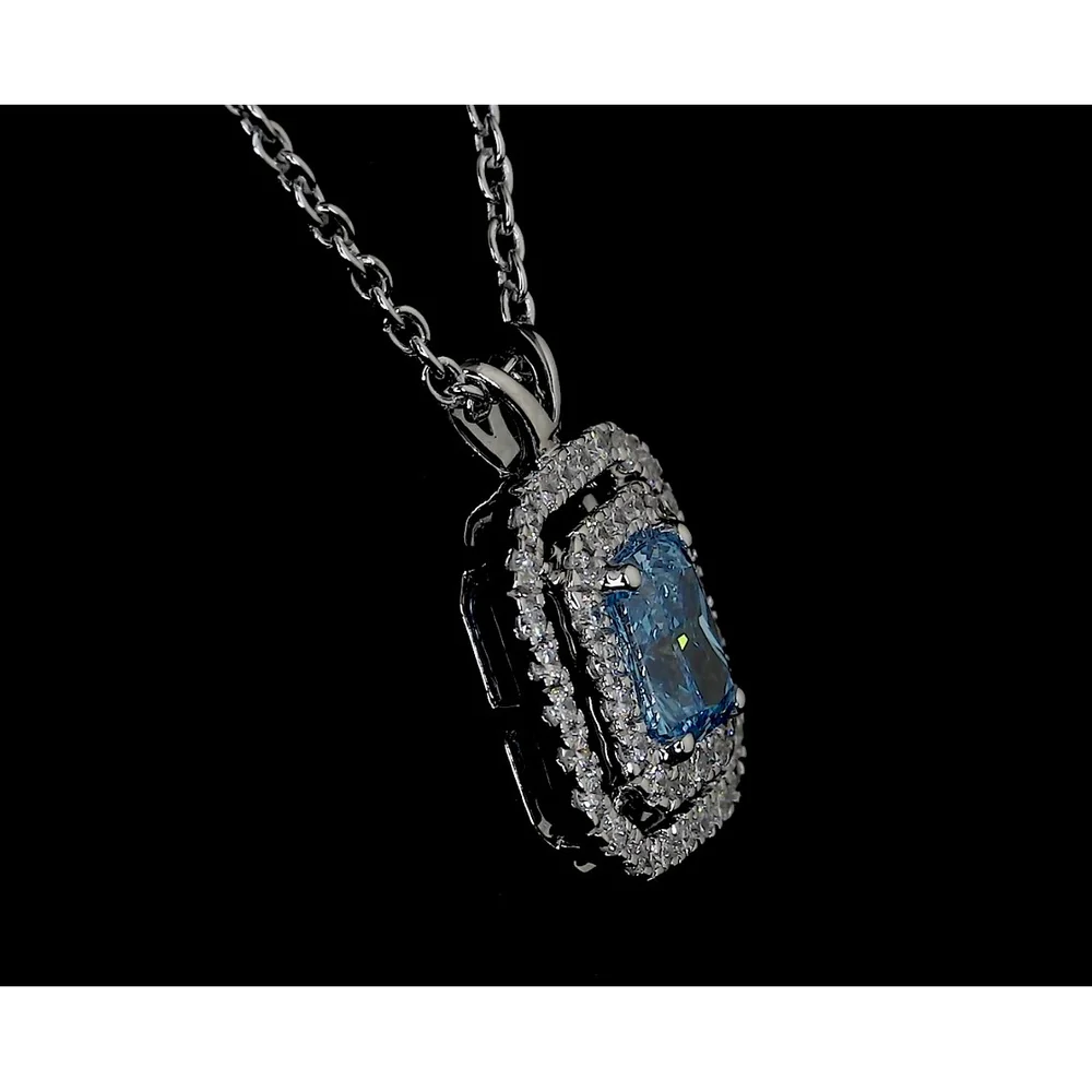 14K White Gold East-West Radiant Cut Double Halo Pendant with Fancy Vivid Blue Lab Diamond - 0.72 Total Carat Weight - Covaloro Fine Jewelry - Image 3