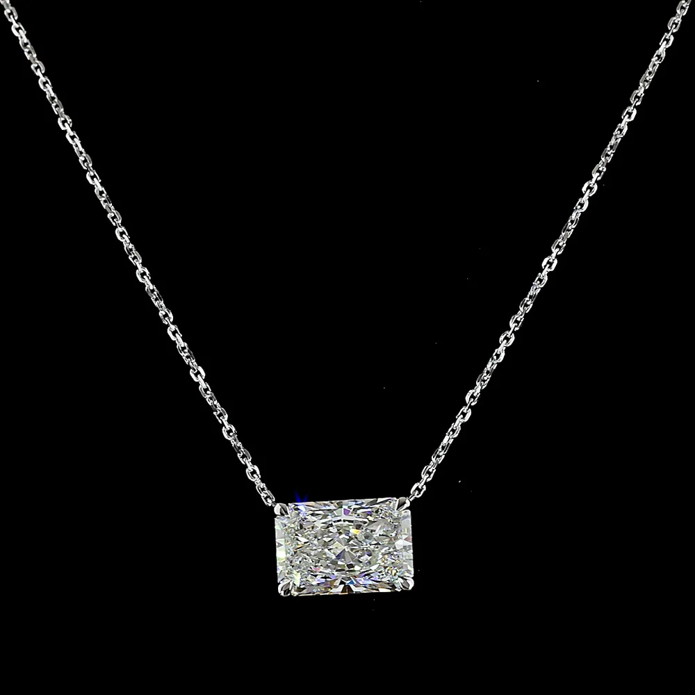 14K White Gold East-West Solitaire Pendant with 3.15 Carat Radiant Cut IGI Certified Lab Diamond - E-F Color VVS2 Clarity - Covaloro Fine Jewelry