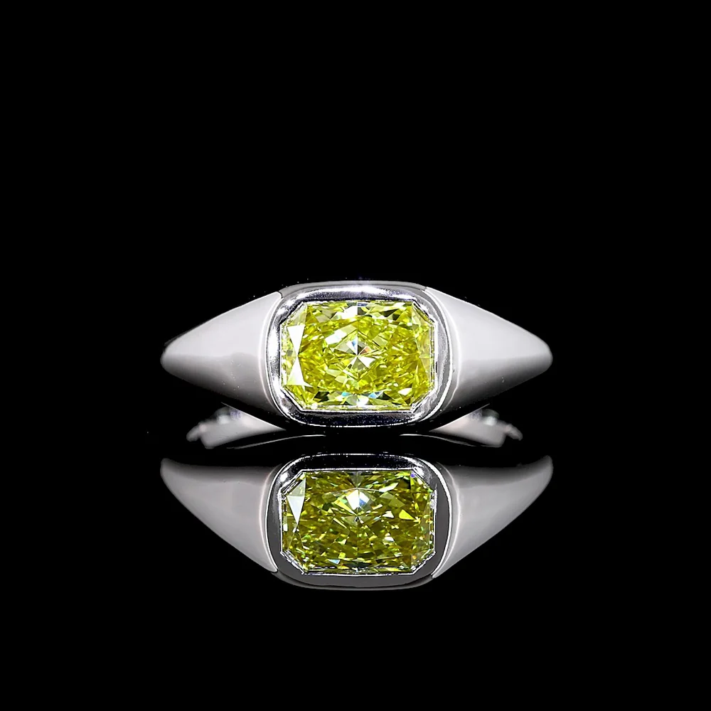 14K White Gold East-West Solitaire Ring with 0.82 Carat Radiant Cut Lab Grown Fancy Vivid Yellow Diamond - VS2 Clarity - Covaloro Fine Jewelry