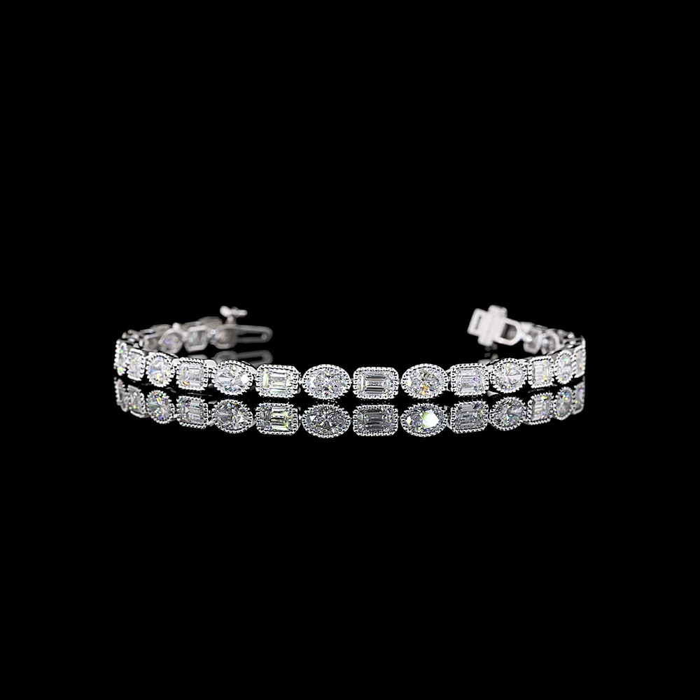 14K White Gold East-West Tennis Bracelet with Alternating Emerald and Oval Cut Lab Diamonds - 6.23 Carats Total Weight - Covaloro Fine Jewelry