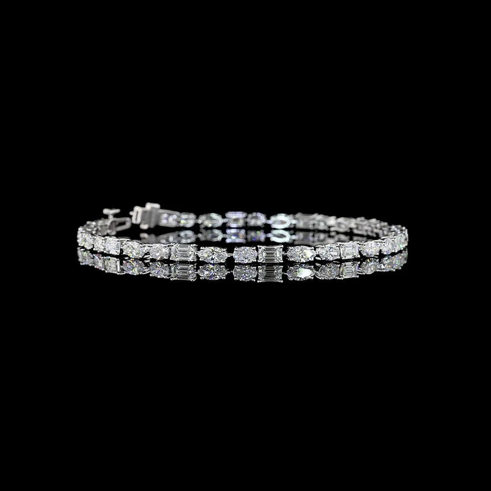 14K White Gold East-West Tennis Bracelet with Emerald, Marquise, and Oval Lab Diamonds - 6.11 Carats Total Diamond Weight - Covaloro Fine Jewelry