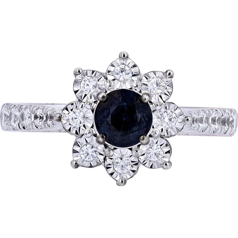 14K White Gold EFFY Flower Ring with Round Blue Sapphire and Prong - Set Diamond Halo - 0.57 Carat Sapphire, 0.43 Carat Total Diamond Weight