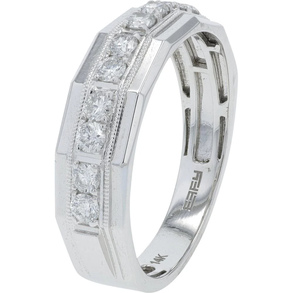 14K White Gold EFFY Gents Band with Channel - Set Round Diamonds and Milgrain Edging - 0.50 Carat Total Diamond Weight