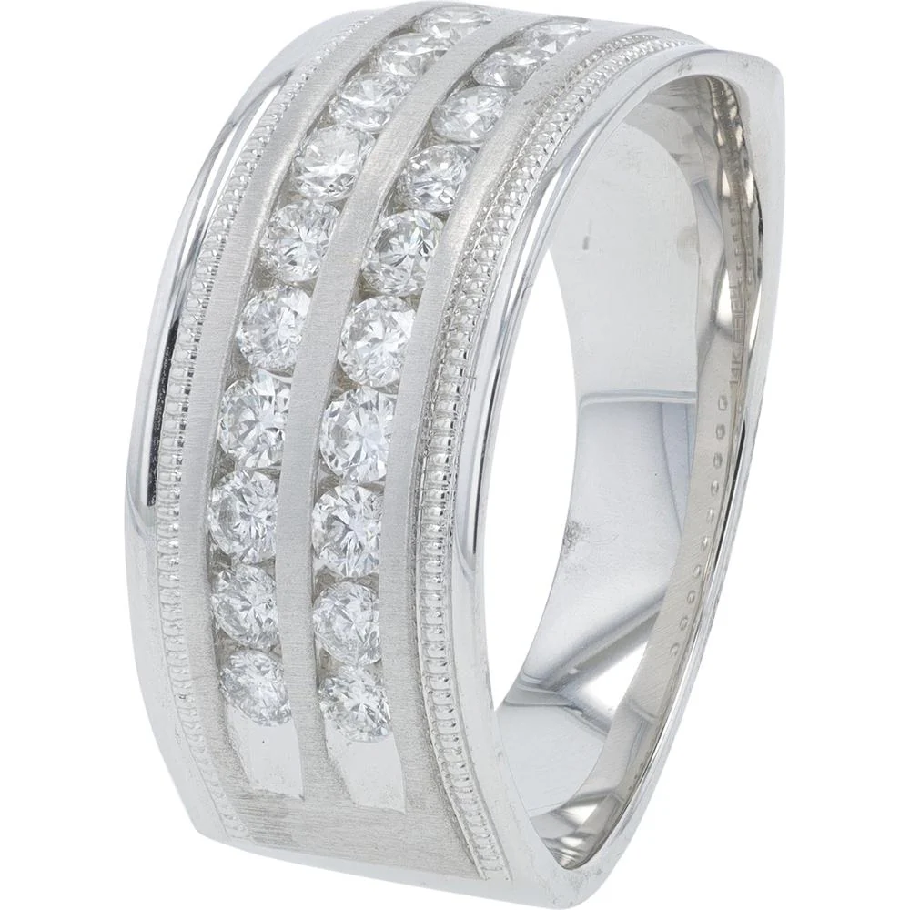 14K White Gold EFFY Gents Band with Double Row Channel - Set Round Diamonds and Milgrain Detail - 1.00 Carat Total Diamond Weight