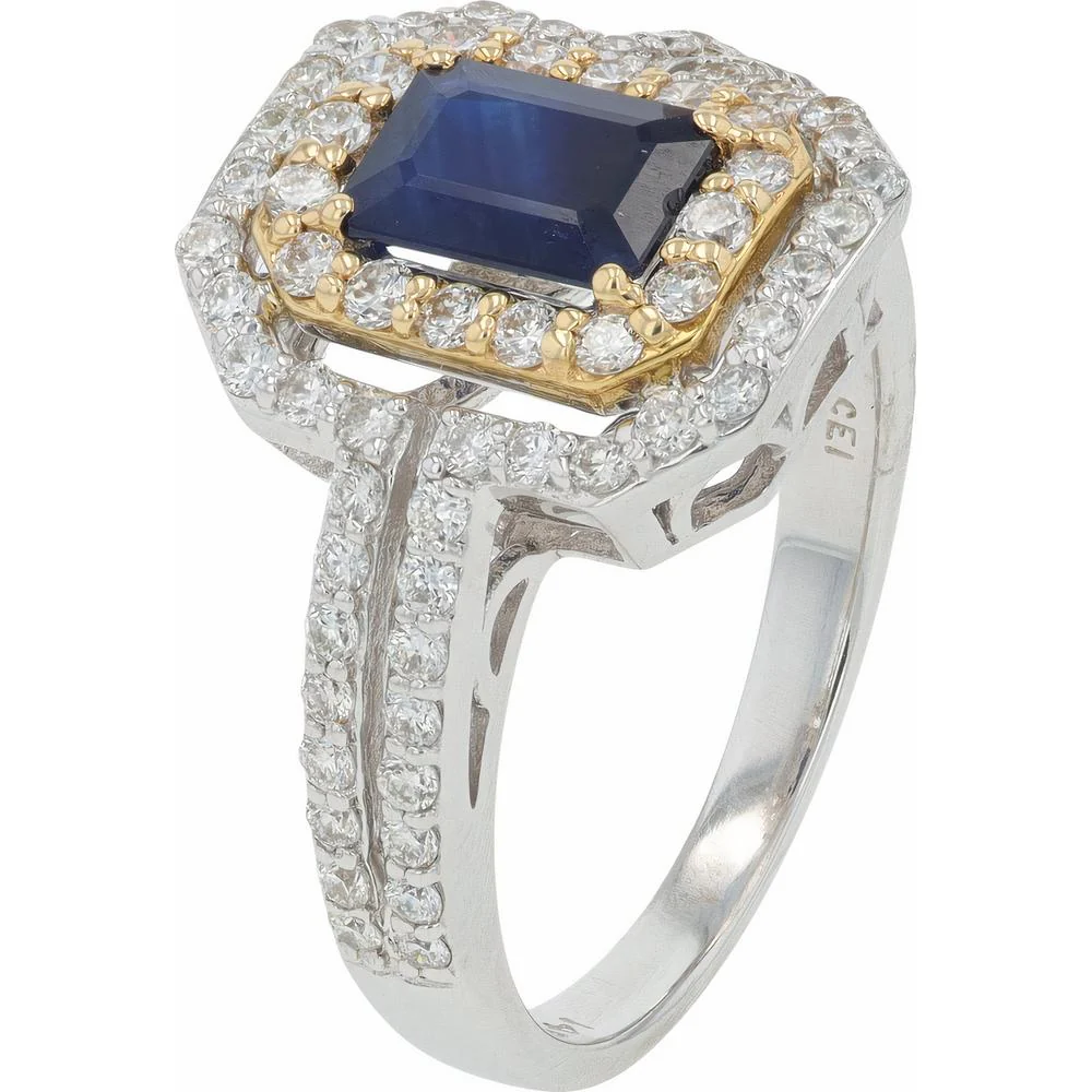 14K White Gold EFFY Halo Ring with Emerald - Cut Sapphire - 1.05 Carat Total Color Weight and Round Diamond Double Halo - 0.80 Carat Total Diamond Weight