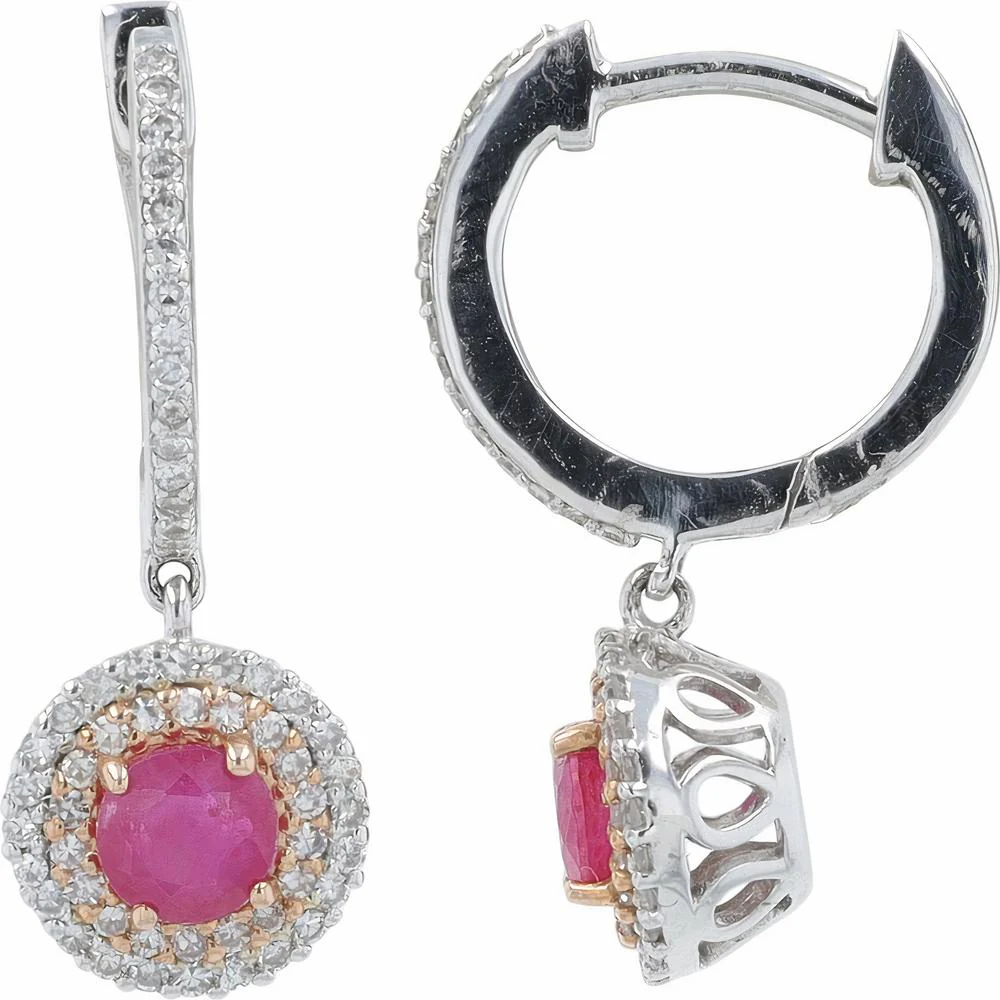 14K White Gold EFFY Huggie Drop Earrings with Round Ruby Halo and Diamonds - 0.65 Carat Total Ruby Weight, 0.28 Carat Total Diamond Weight