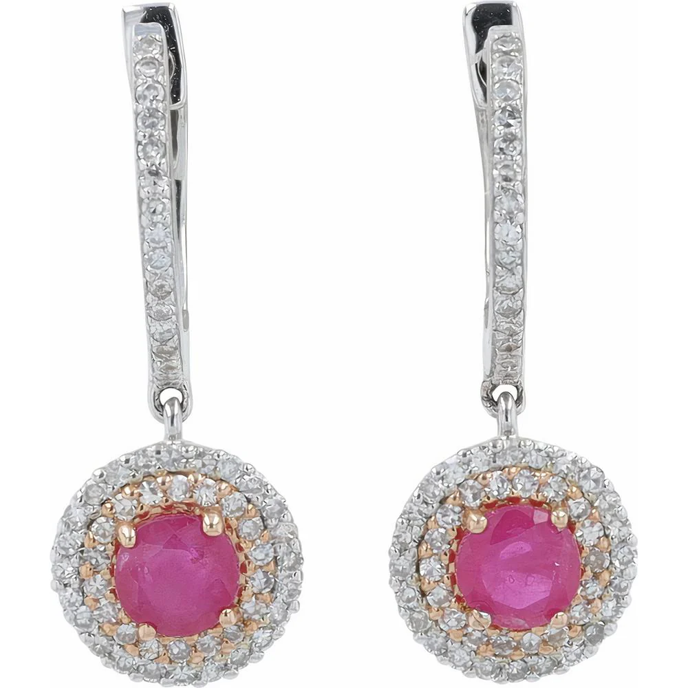 14K White Gold EFFY Huggie Drop Earrings with Round Ruby Halo and Diamonds - 0.65 Carat Total Ruby Weight, 0.28 Carat Total Diamond Weight - Image 2