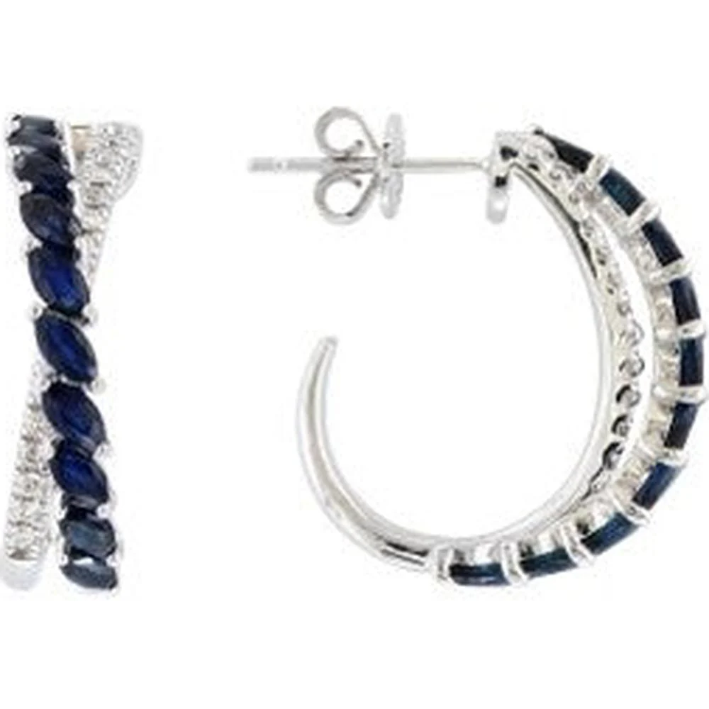 14K White Gold EFFY Huggie Hoop Earrings with Channel - Style Blue Sapphires and Pavé Round Diamonds - 2.00 Carat Total Sapphire Weight, 0.21 Carat Total Diamond Weight