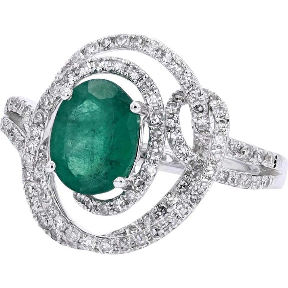 14K White Gold EFFY Swirl Halo Ring with Oval Emerald Center and Diamond Accents - 1.14 Carat Total Emerald Weight, 0.47 Carat Total Diamond Weight - Image 2