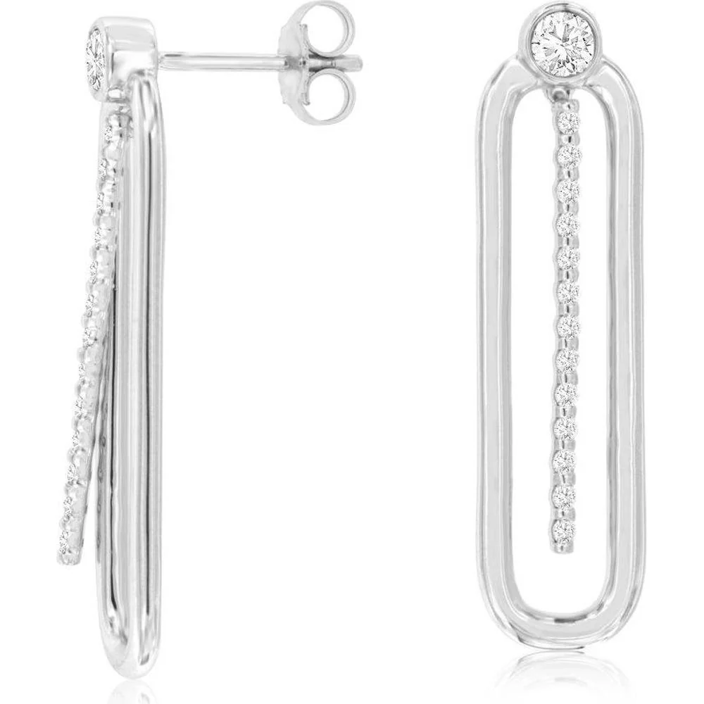 14K White Gold Elongated Open-Loop Drop Earrings with Bezel-Set Round Diamond and Pavé Diamond Bar - 0.43 Carat Total Diamond Weight - Royal Jewelry