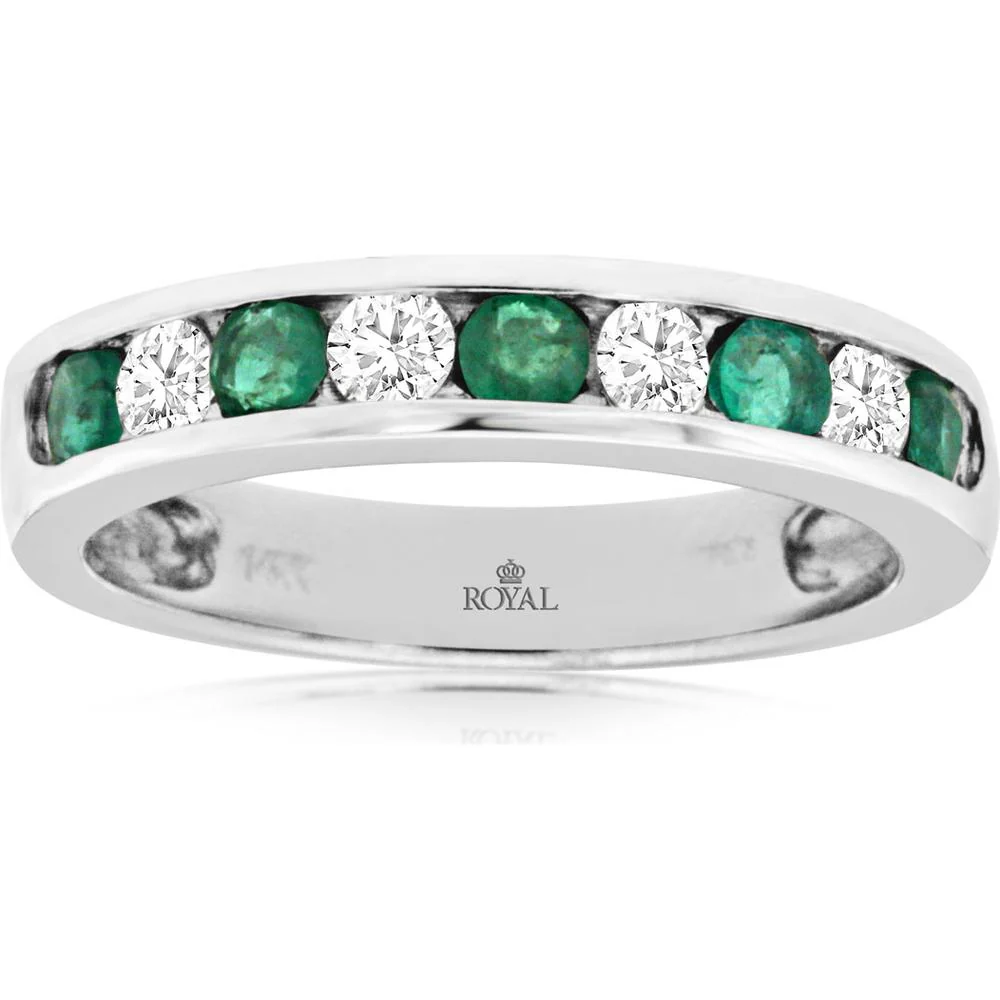 14K White Gold Emerald and Diamond Band - 0.79 Carats Total Weight - Royal Jewelry