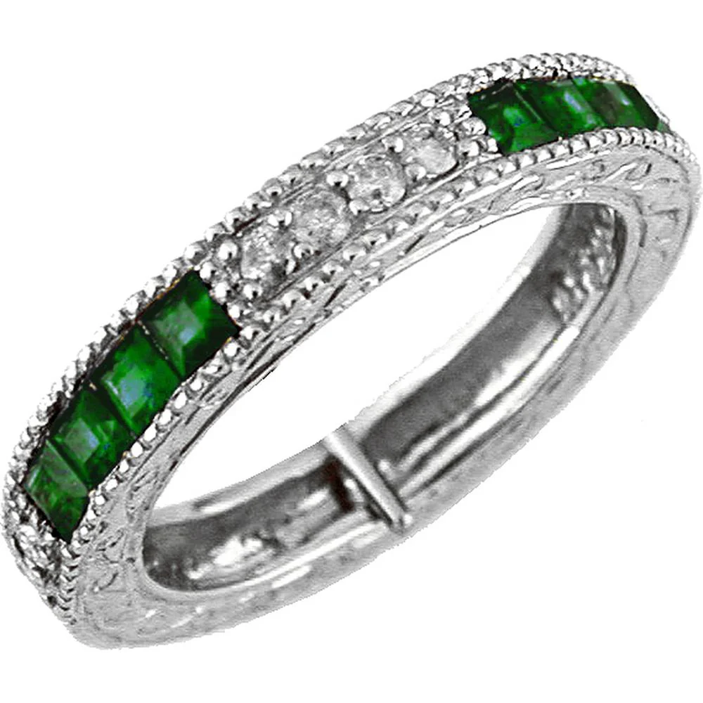 14K White Gold Emerald & Diamond Band with Princess Cut Emeralds and Round Diamonds - 0.65 Carats Total Gem Weight - Royal Jewelry