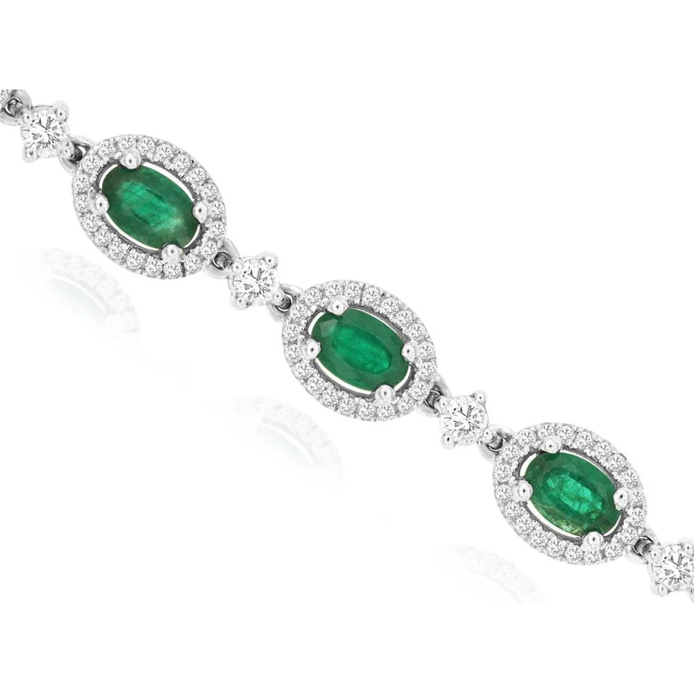 14K White Gold Emerald & Diamond Bracelet with Halo Setting - 5.70 Carats Emerald, 2.00 Carats Diamond Total Weight - Royal Jewelry