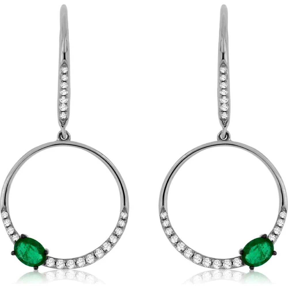 14K White Gold Emerald & Diamond Drop Earrings - 0.35 Carats Emerald and 0.18 Carats Total Diamond Weight - Royal Jewelry