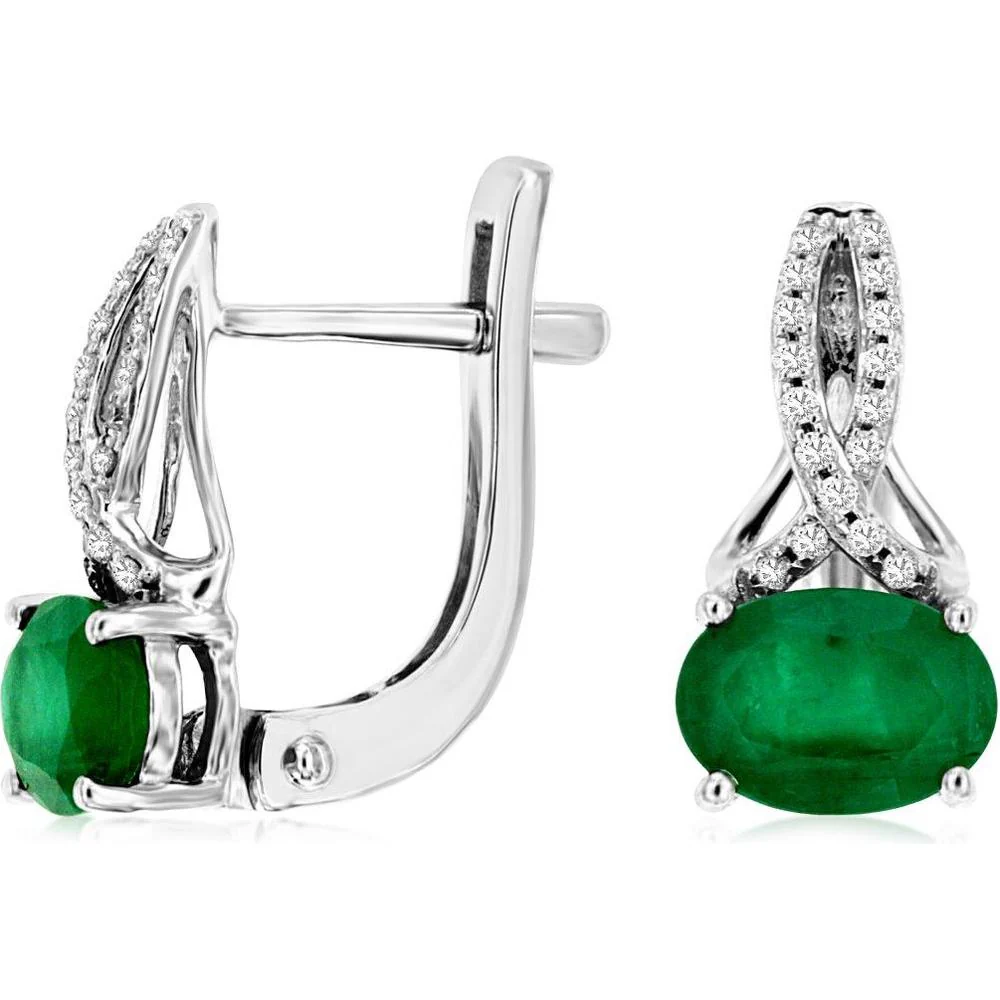 14K White Gold Emerald & Diamond Drop Earrings - 1.80 Carats Total Emerald Weight, 0.10 Carats Total Diamond Weight - Royal Jewelry