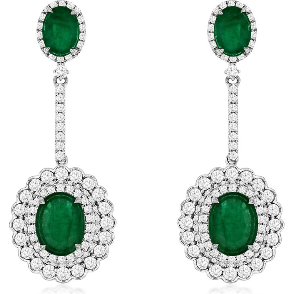 14K White Gold Emerald & Diamond Drop Earrings with Oval Emeralds - 6.60 Carats Total Gem Weight - Royal Jewelry