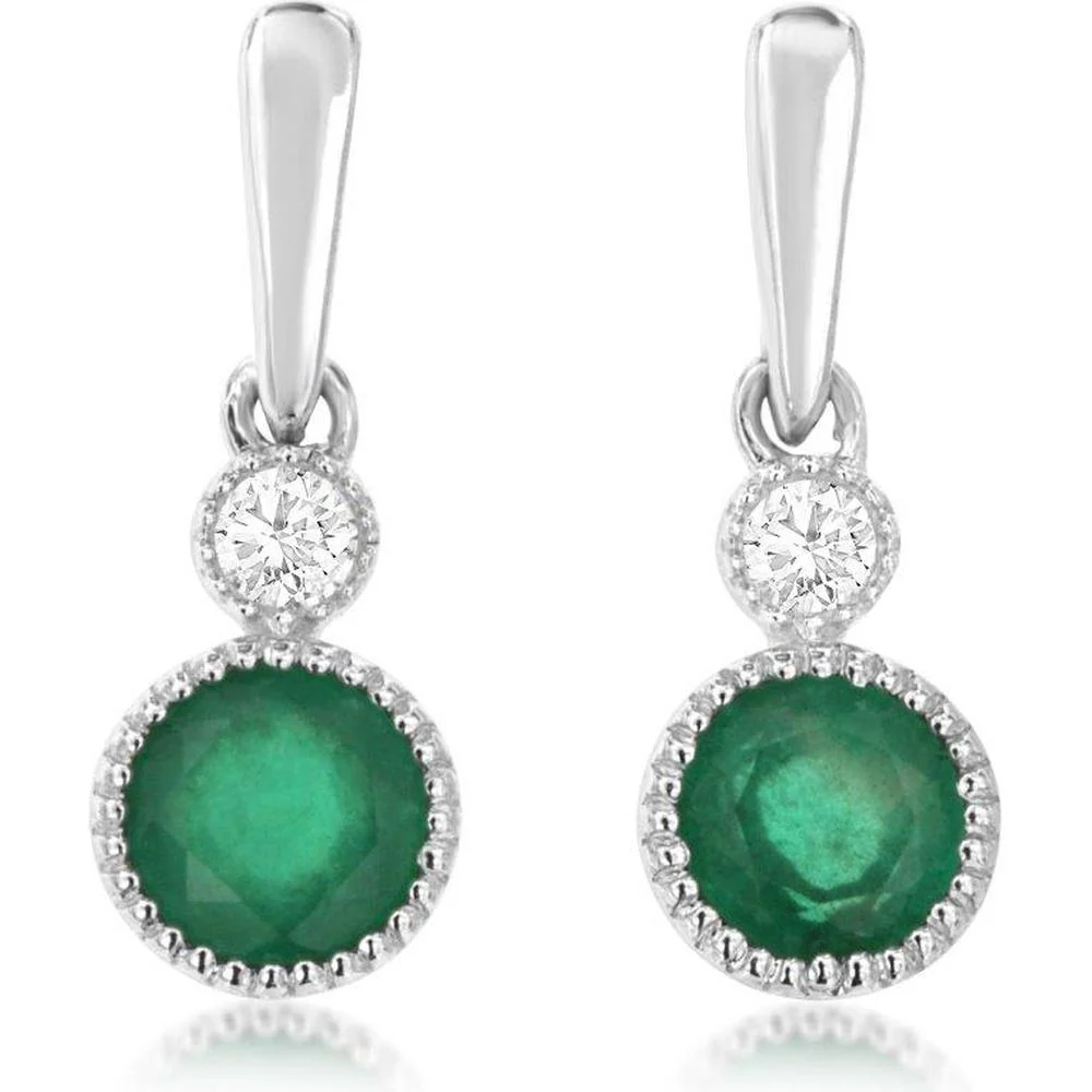 14K White Gold Emerald and Diamond Drop Earrings with Round Cut Emeralds and Milgrain Detailing - 0.62 Total Carat Emerald Weight, 0.06 Total Carat Diamond Weight - Royal Jewelry