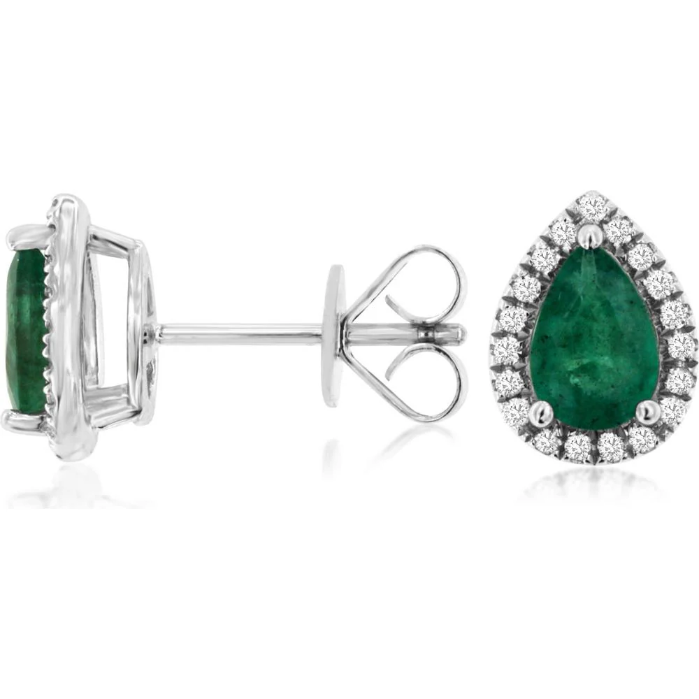 14K White Gold Emerald and Diamond Halo Earrings with 2.70 Carats Total Emerald Weight and 0.40 Carats Total Diamond Weight - Royal Jewelry