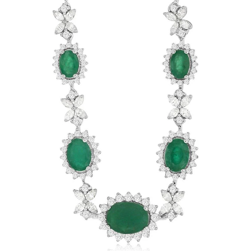 14K White Gold Emerald and Diamond Halo Floral Station Necklace with 7.70 Carats Oval Emeralds and 2.20 Carats Round Diamonds - Royal Jewelry