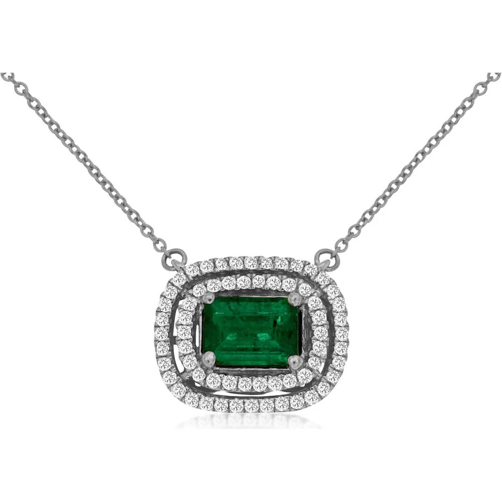 14K White Gold Emerald and Diamond Halo Necklace with 1.00 Carat Emerald and 0.33 Carat Total Diamond Weight - Royal Jewelry