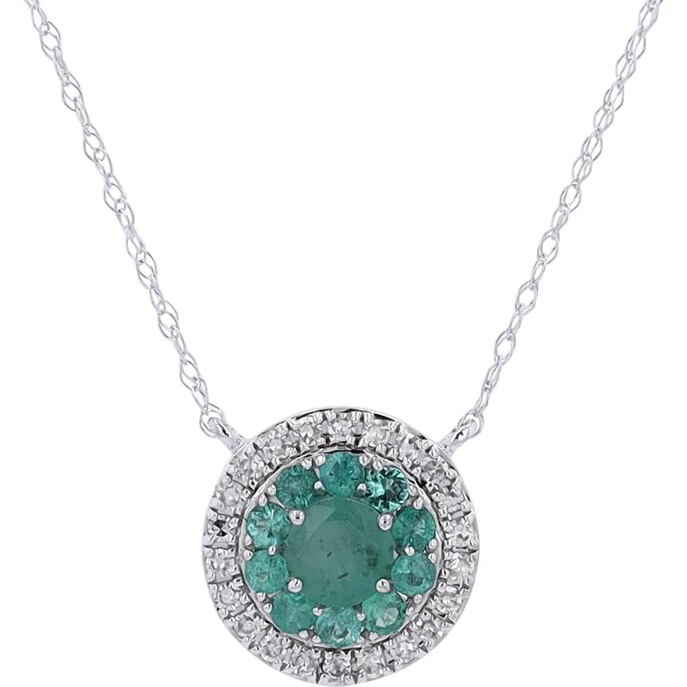 14K White Gold Emerald and Diamond Halo Pendant - 0.65 Carat Emerald, 0.12 Carat Diamonds