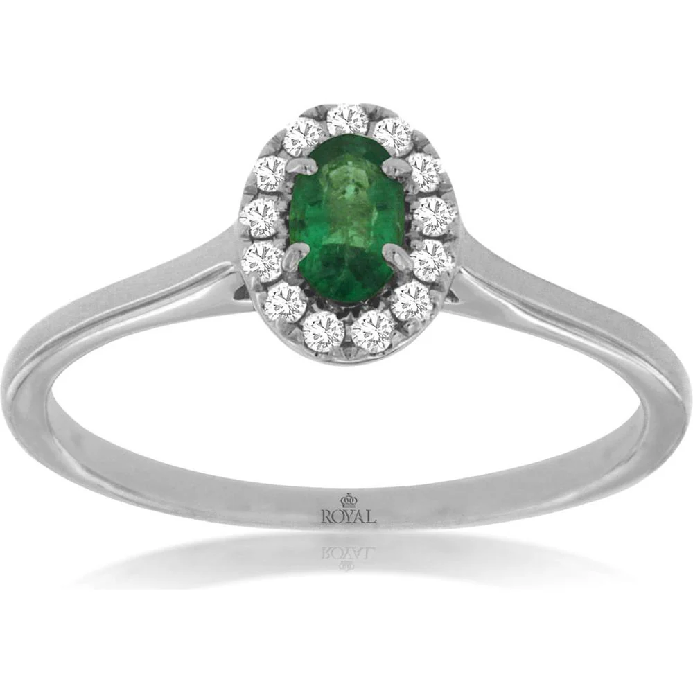 14K White Gold Emerald & Diamond Halo Ring - 0.22 Carats Emerald, 0.10 Carats Diamond Total Weight - Royal Jewelry