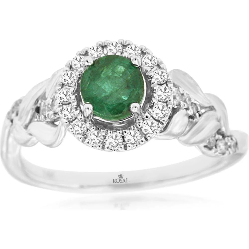 14K White Gold Emerald and Diamond Halo Ring - 0.45 Carats Emerald, 0.25 Carats Total Diamond Weight - Royal Jewelry