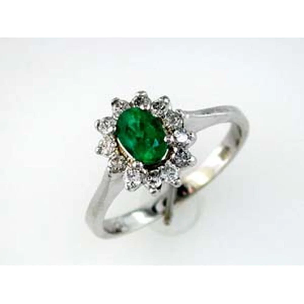 14K White Gold Emerald & Diamond Halo Ring - 0.55 Carats Emerald & 0.30 Carats Total Diamond Weight - Royal Jewelry