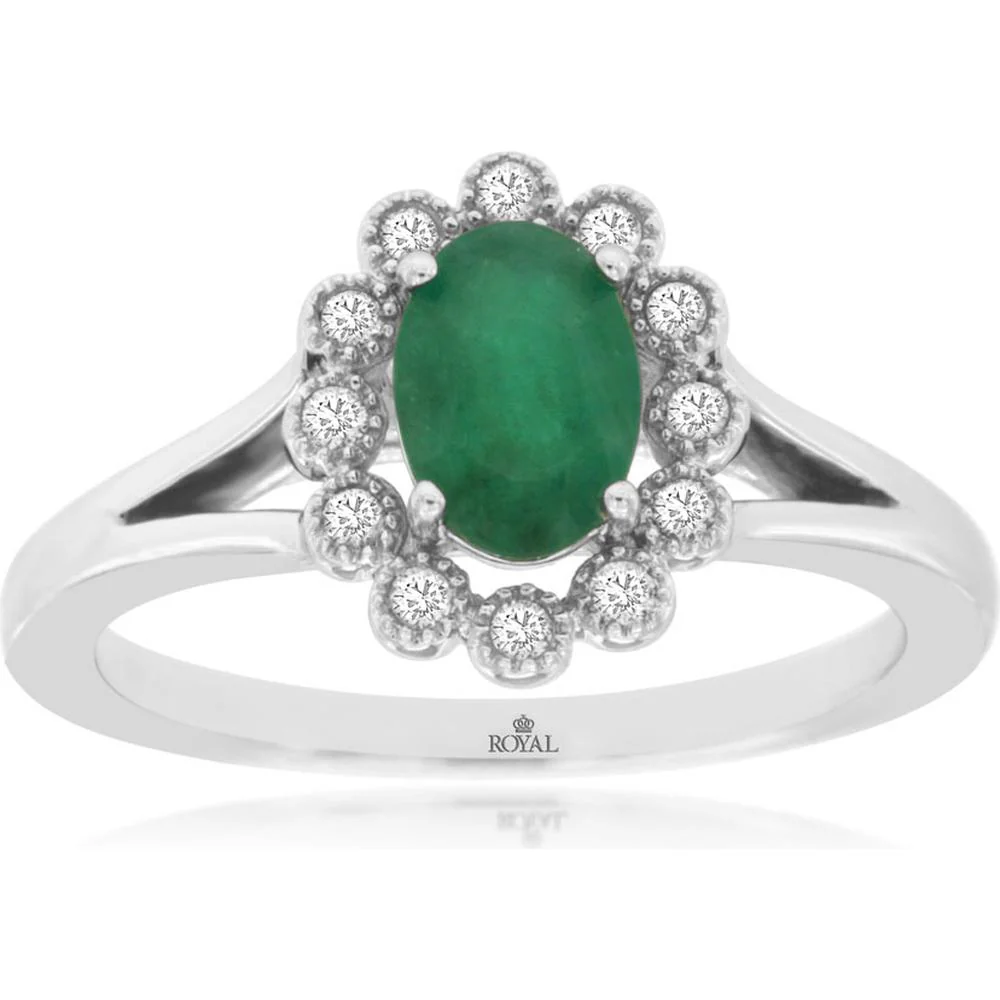 14K White Gold Emerald & Diamond Halo Ring - 0.75 Carats Emerald, 0.12 Carats Total Diamond Weight - Royal Jewelry