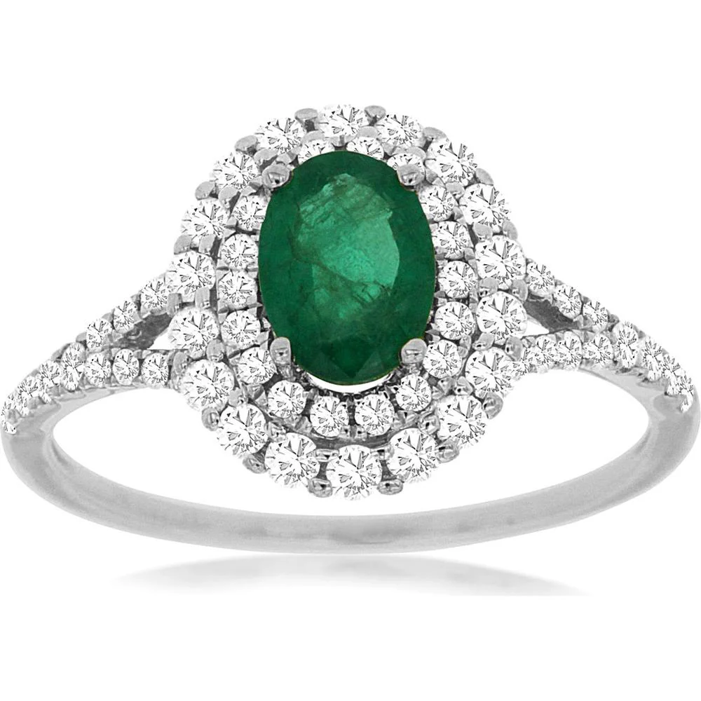 14K White Gold Emerald and Diamond Halo Ring - 1.20 Carats Total Gem Weight - Royal Jewelry